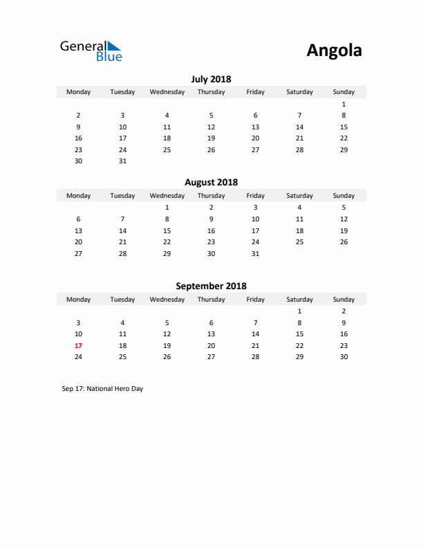 Printable Quarterly Calendar with Notes and Angola Holidays- Q3 of 2018