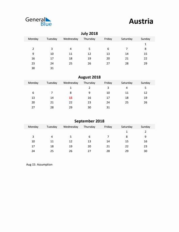 Printable Quarterly Calendar with Notes and Austria Holidays- Q3 of 2018