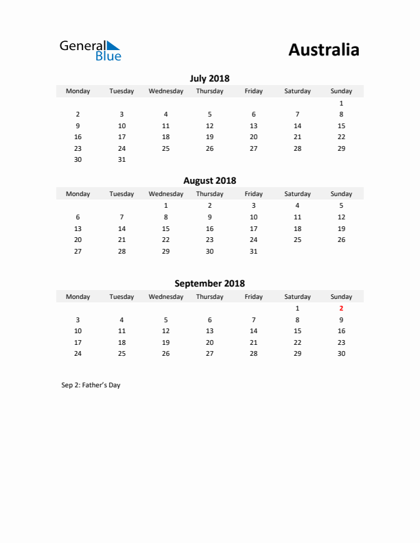 Printable Quarterly Calendar with Notes and Australia Holidays- Q3 of 2018