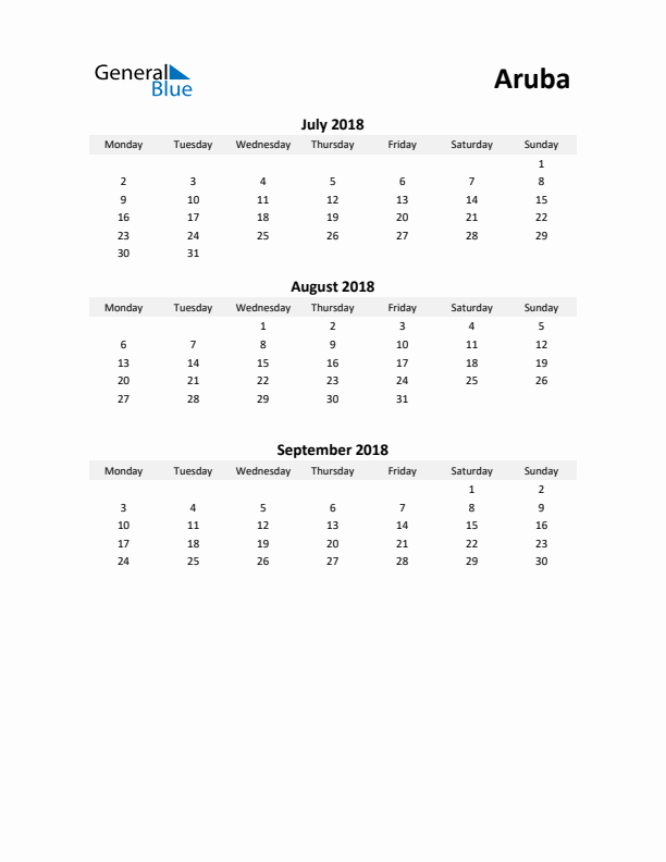 Printable Quarterly Calendar with Notes and Aruba Holidays- Q3 of 2018