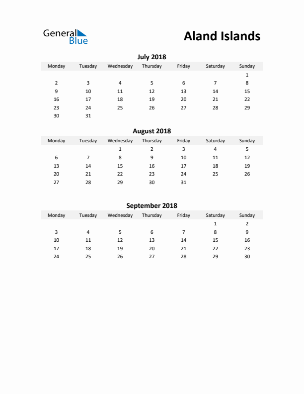 Printable Quarterly Calendar with Notes and Aland Islands Holidays- Q3 of 2018