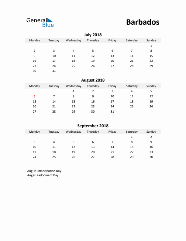 Printable Quarterly Calendar with Notes and Barbados Holidays- Q3 of 2018