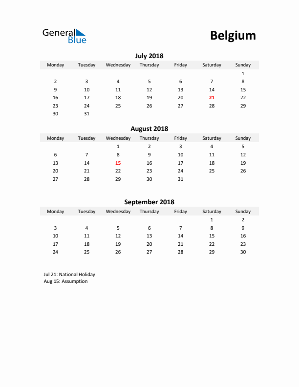 Printable Quarterly Calendar with Notes and Belgium Holidays- Q3 of 2018