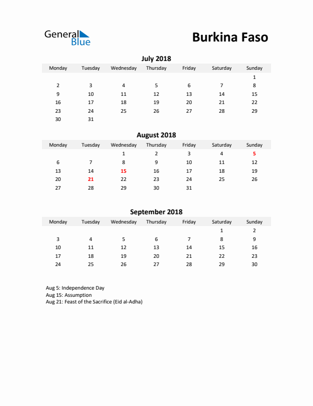 Printable Quarterly Calendar with Notes and Burkina Faso Holidays- Q3 of 2018