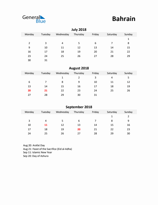 Printable Quarterly Calendar with Notes and Bahrain Holidays- Q3 of 2018