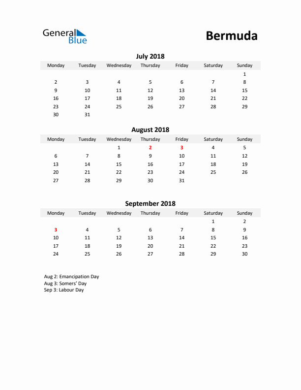 Printable Quarterly Calendar with Notes and Bermuda Holidays- Q3 of 2018