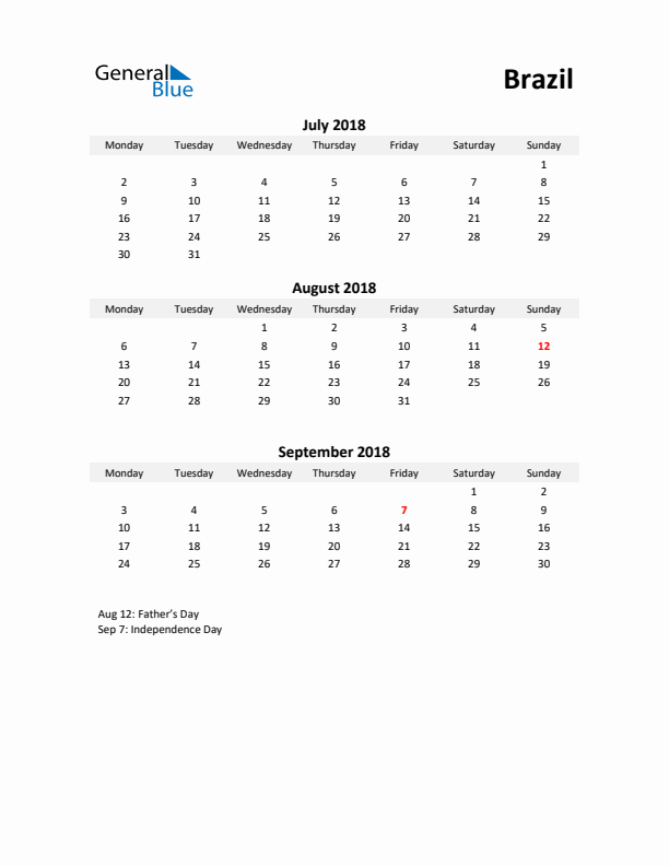 Printable Quarterly Calendar with Notes and Brazil Holidays- Q3 of 2018