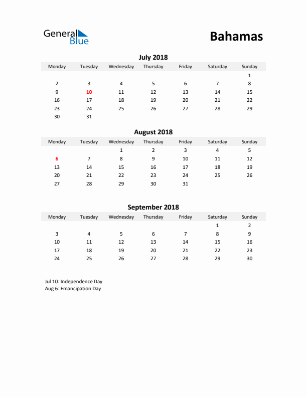 Printable Quarterly Calendar with Notes and Bahamas Holidays- Q3 of 2018