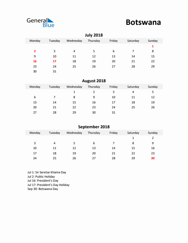 Printable Quarterly Calendar with Notes and Botswana Holidays- Q3 of 2018