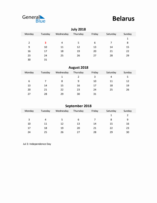 Printable Quarterly Calendar with Notes and Belarus Holidays- Q3 of 2018