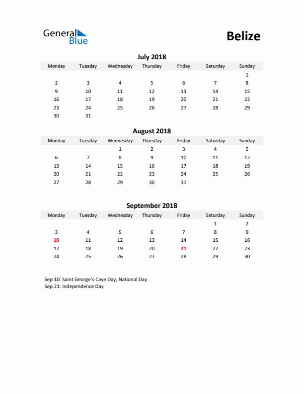 Printable Quarterly Calendar with Notes and Belize Holidays- Q3 of 2018