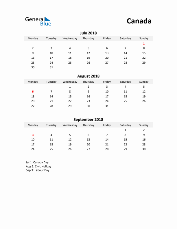 Printable Quarterly Calendar with Notes and Canada Holidays- Q3 of 2018