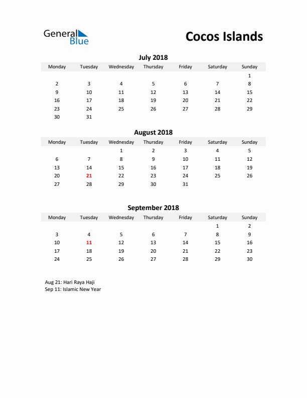 Printable Quarterly Calendar with Notes and Cocos Islands Holidays- Q3 of 2018