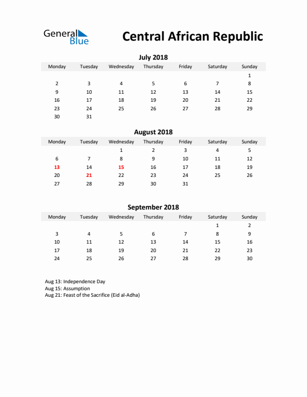 Printable Quarterly Calendar with Notes and Central African Republic Holidays- Q3 of 2018