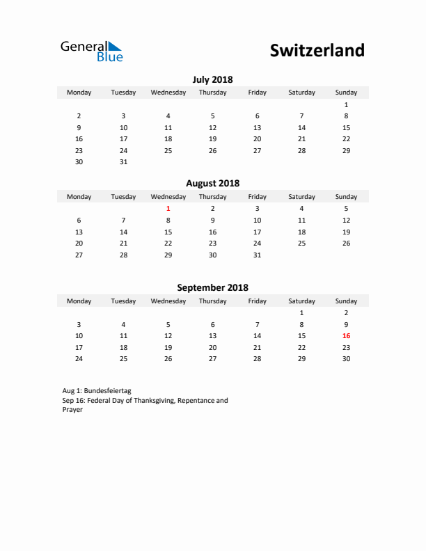 Printable Quarterly Calendar with Notes and Switzerland Holidays- Q3 of 2018