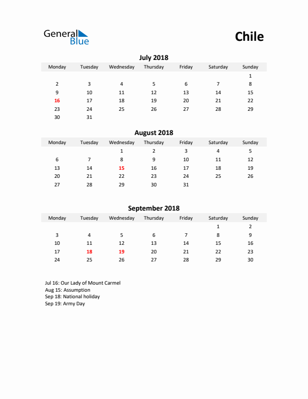 Printable Quarterly Calendar with Notes and Chile Holidays- Q3 of 2018