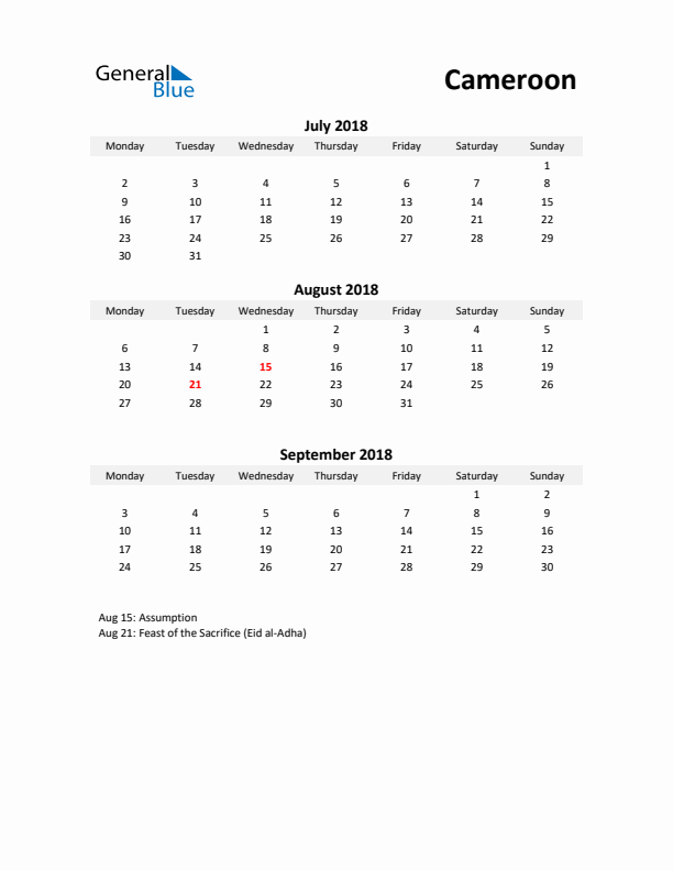 Printable Quarterly Calendar with Notes and Cameroon Holidays- Q3 of 2018