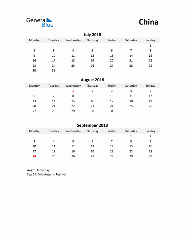 Printable Quarterly Calendar with Notes and China Holidays- Q3 of 2018