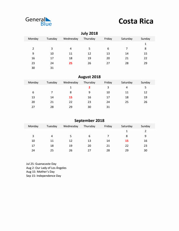 Printable Quarterly Calendar with Notes and Costa Rica Holidays- Q3 of 2018