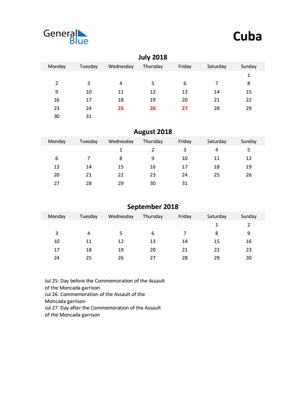 Printable Quarterly Calendar with Notes and Cuba Holidays- Q3 of 2018