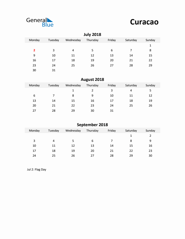 Printable Quarterly Calendar with Notes and Curacao Holidays- Q3 of 2018