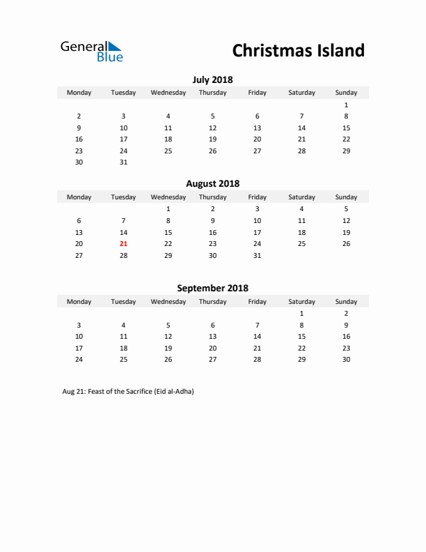 Printable Quarterly Calendar with Notes and Christmas Island Holidays- Q3 of 2018