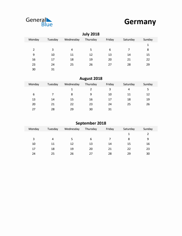 Printable Quarterly Calendar with Notes and Germany Holidays- Q3 of 2018