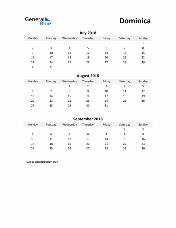 Printable Quarterly Calendar with Notes and Dominica Holidays- Q3 of 2018