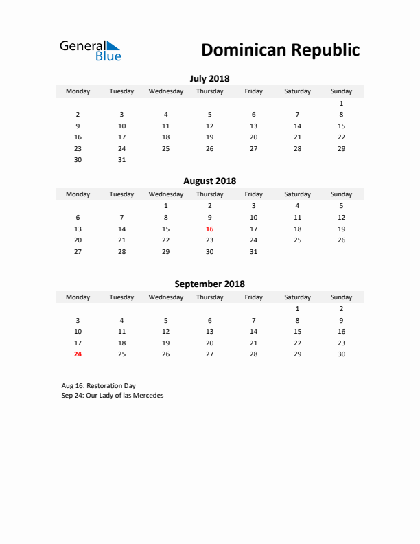 Printable Quarterly Calendar with Notes and Dominican Republic Holidays- Q3 of 2018