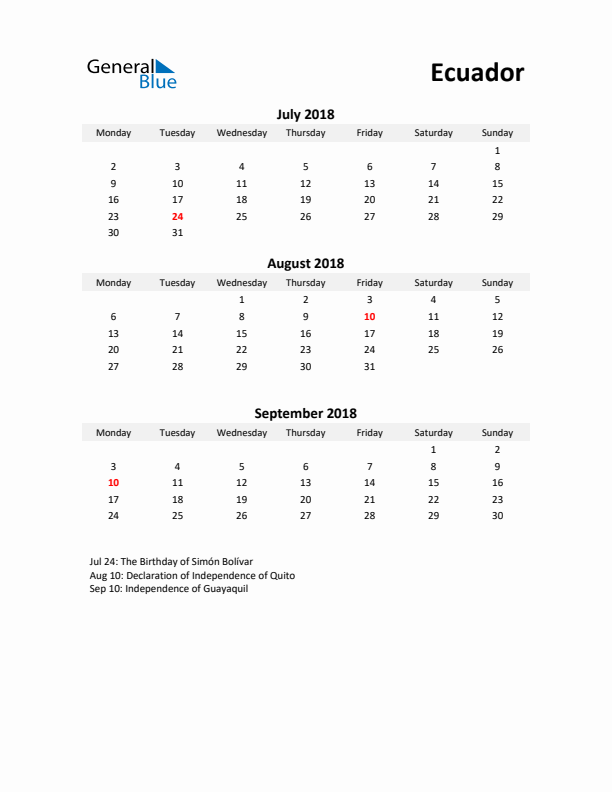 Printable Quarterly Calendar with Notes and Ecuador Holidays- Q3 of 2018