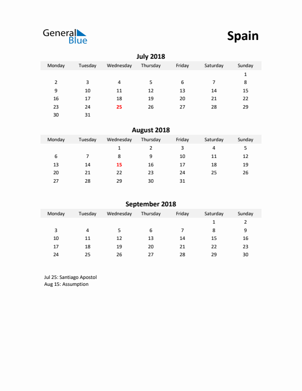 Printable Quarterly Calendar with Notes and Spain Holidays- Q3 of 2018