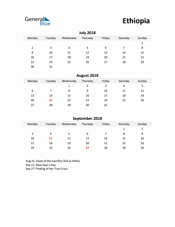 Printable Quarterly Calendar with Notes and Ethiopia Holidays- Q3 of 2018