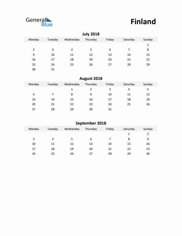 Printable Quarterly Calendar with Notes and Finland Holidays- Q3 of 2018