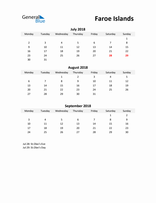 Printable Quarterly Calendar with Notes and Faroe Islands Holidays- Q3 of 2018