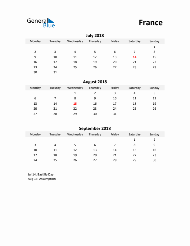 Printable Quarterly Calendar with Notes and France Holidays- Q3 of 2018