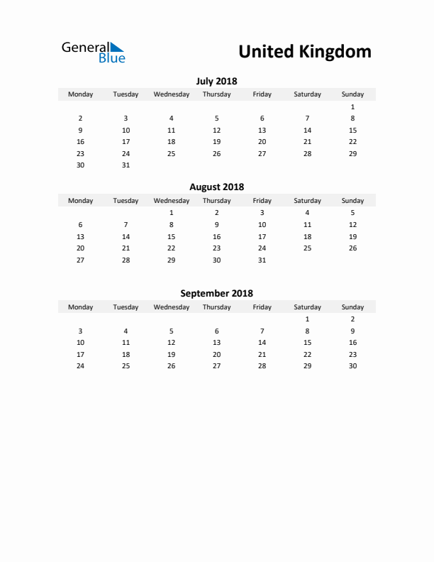 Printable Quarterly Calendar with Notes and United Kingdom Holidays- Q3 of 2018