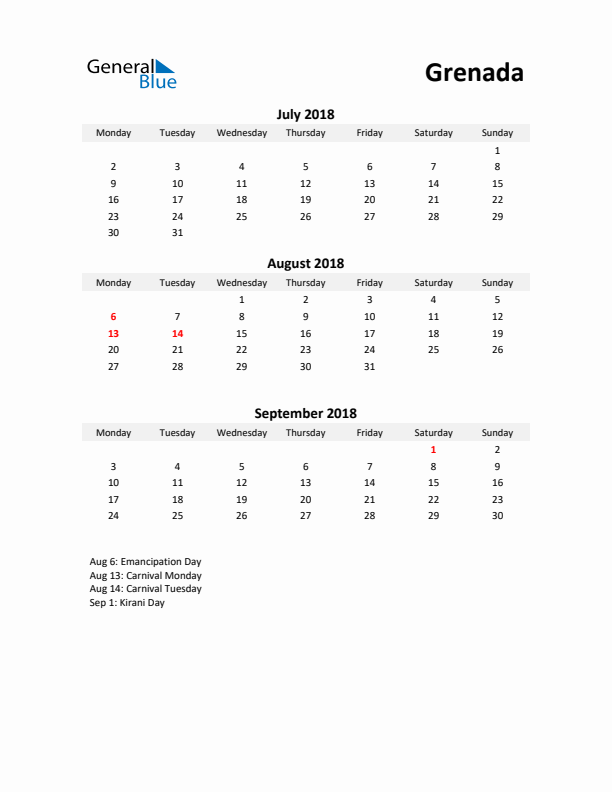 Printable Quarterly Calendar with Notes and Grenada Holidays- Q3 of 2018