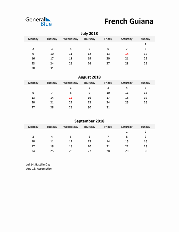 Printable Quarterly Calendar with Notes and French Guiana Holidays- Q3 of 2018