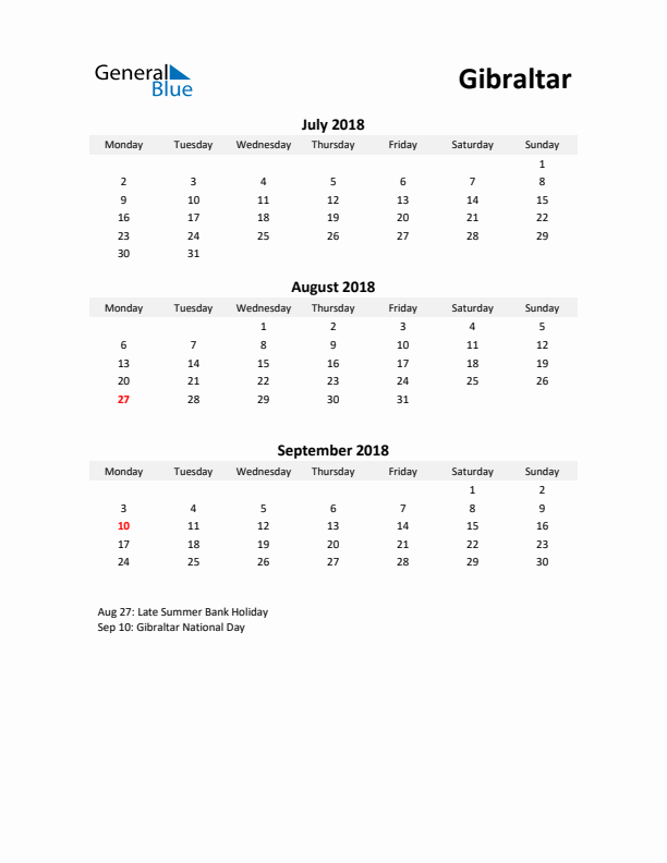 Printable Quarterly Calendar with Notes and Gibraltar Holidays- Q3 of 2018