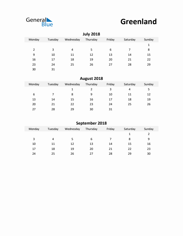 Printable Quarterly Calendar with Notes and Greenland Holidays- Q3 of 2018