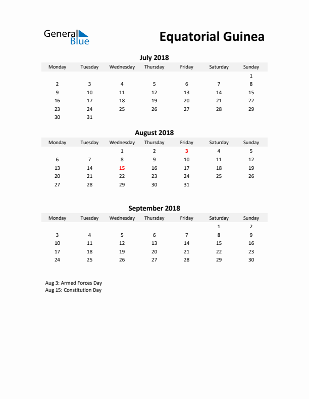 Printable Quarterly Calendar with Notes and Equatorial Guinea Holidays- Q3 of 2018