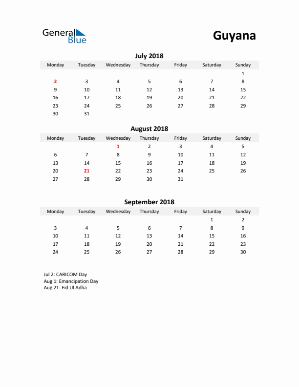 Printable Quarterly Calendar with Notes and Guyana Holidays- Q3 of 2018