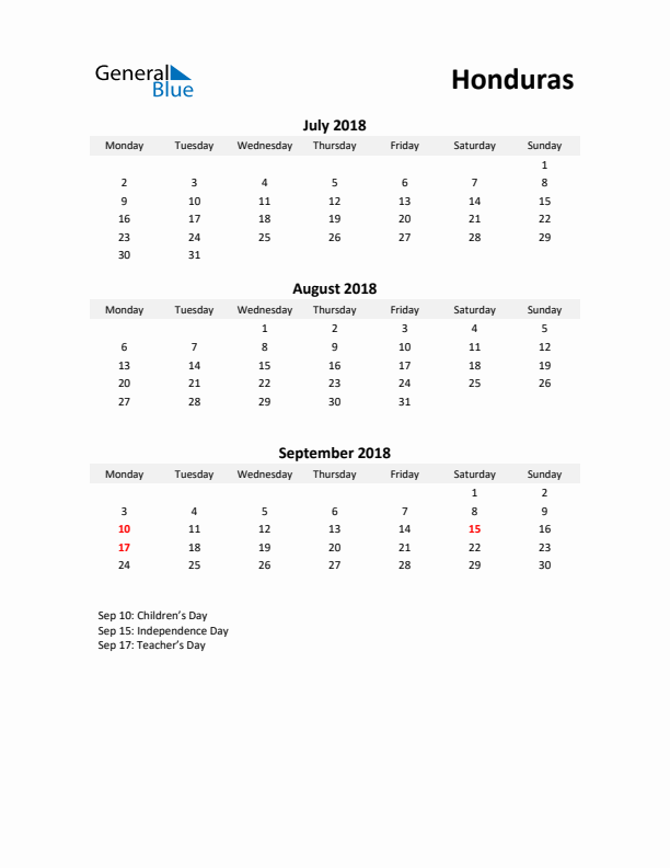 Printable Quarterly Calendar with Notes and Honduras Holidays- Q3 of 2018