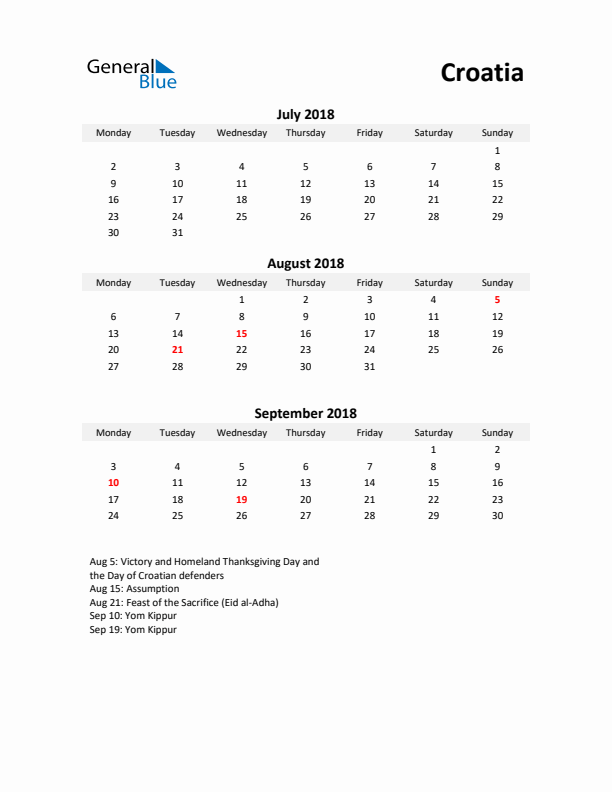 Printable Quarterly Calendar with Notes and Croatia Holidays- Q3 of 2018