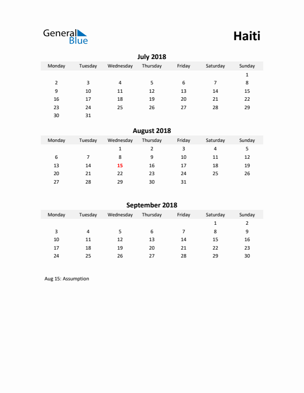 Printable Quarterly Calendar with Notes and Haiti Holidays- Q3 of 2018