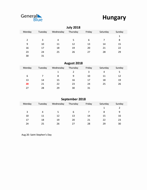 Printable Quarterly Calendar with Notes and Hungary Holidays- Q3 of 2018