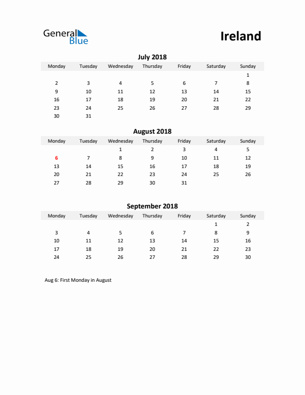 Printable Quarterly Calendar with Notes and Ireland Holidays- Q3 of 2018