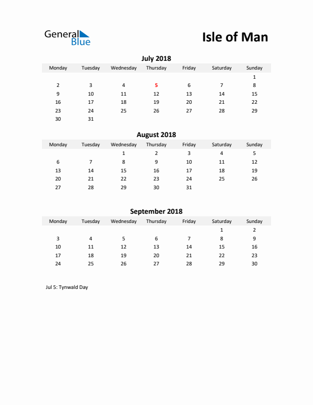 Printable Quarterly Calendar with Notes and Isle of Man Holidays- Q3 of 2018