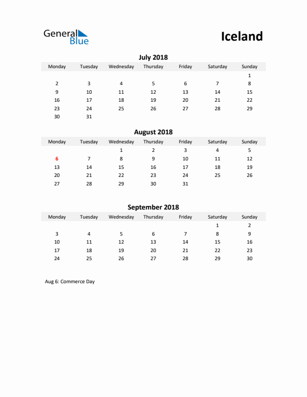 Printable Quarterly Calendar with Notes and Iceland Holidays- Q3 of 2018