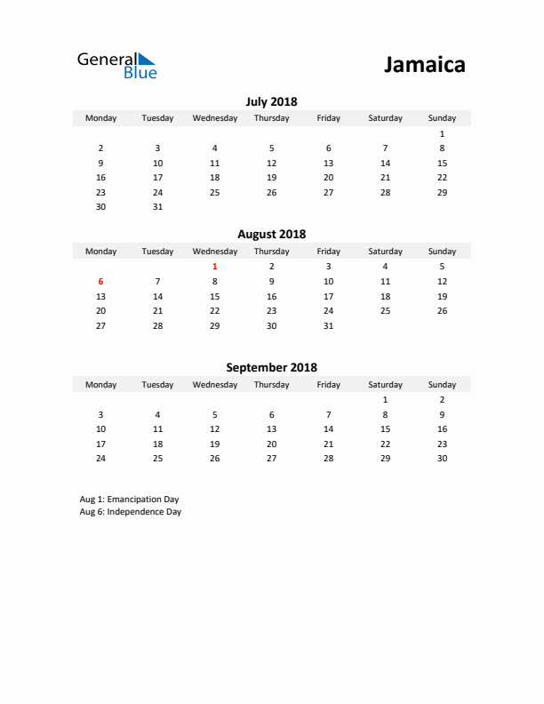 Printable Quarterly Calendar with Notes and Jamaica Holidays- Q3 of 2018